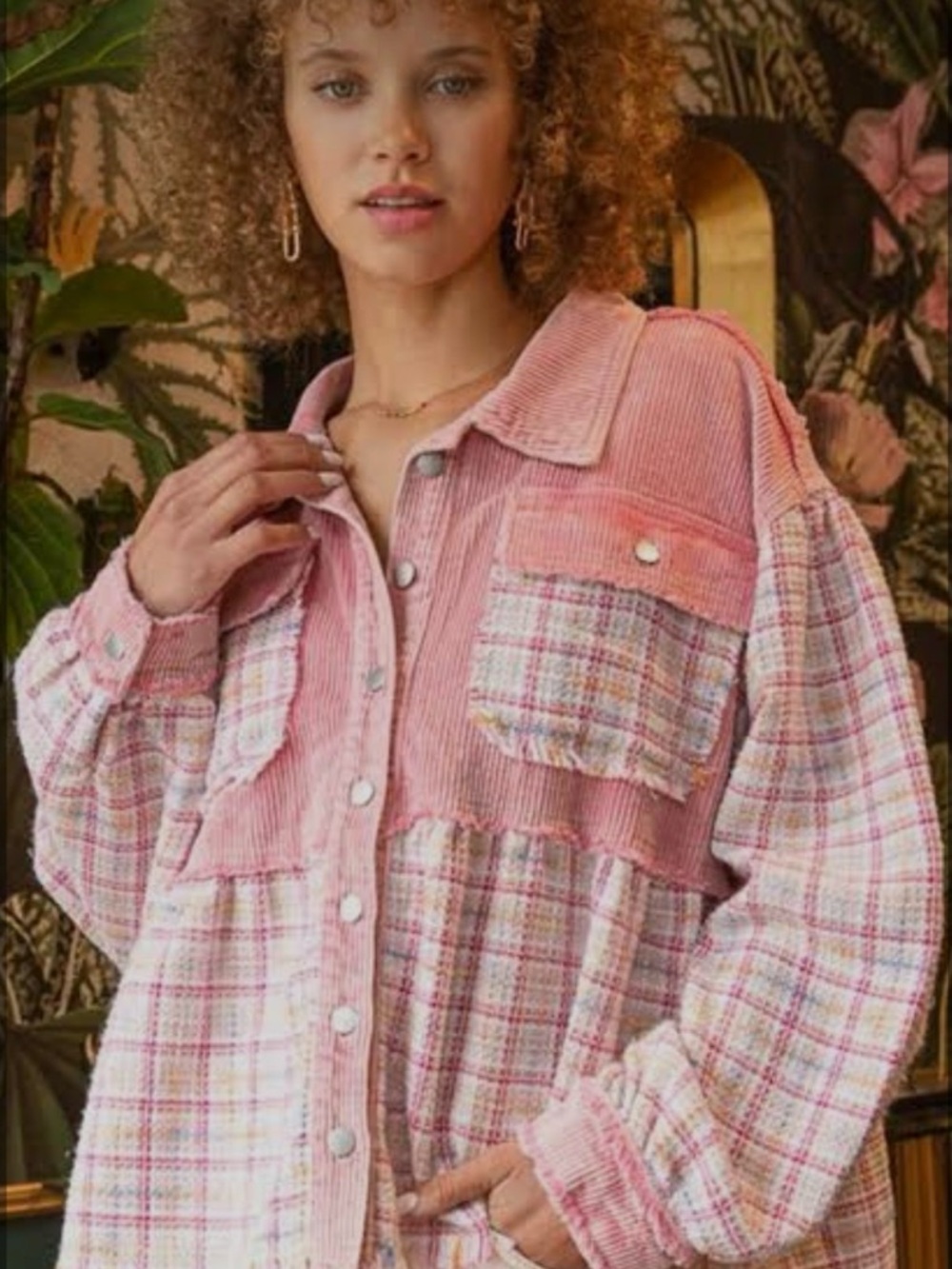 POL Pink Patchwork Corduroy & Tweed Jacket